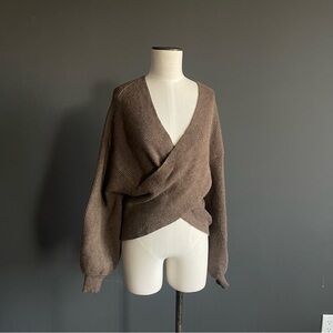 SNDYS Taupe Ribbed Wrap Sweater Balloon Sleeve Modern Minimalist Knit Deep V